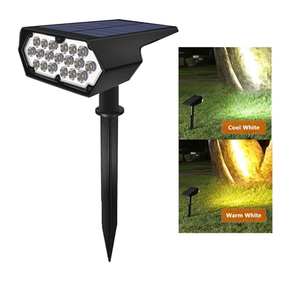 19 LED ソーラー スポット ライト – IP65 防水、2 モード、温白色、庭/通路用